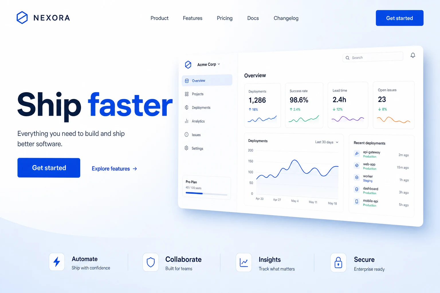 A SaaS product landing page built with vMira Build